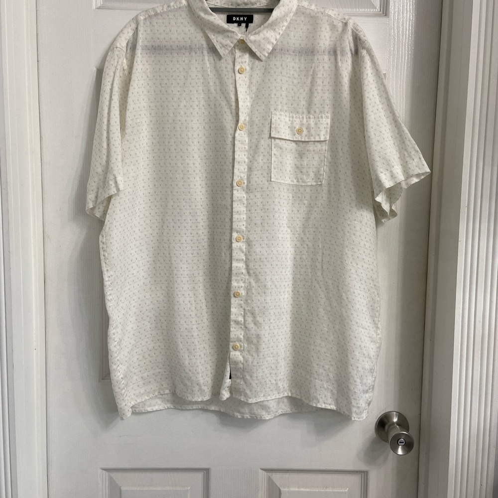 DKNY Men’s White & Gray Patterned Linen Button Up Shirt Large Short Sleeve